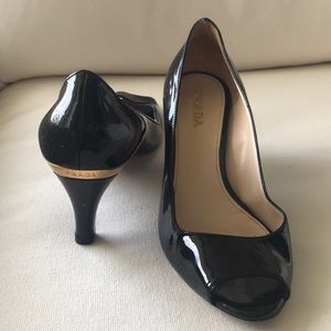 Prada Black Patent Leather Peep Toe Gold Size 37